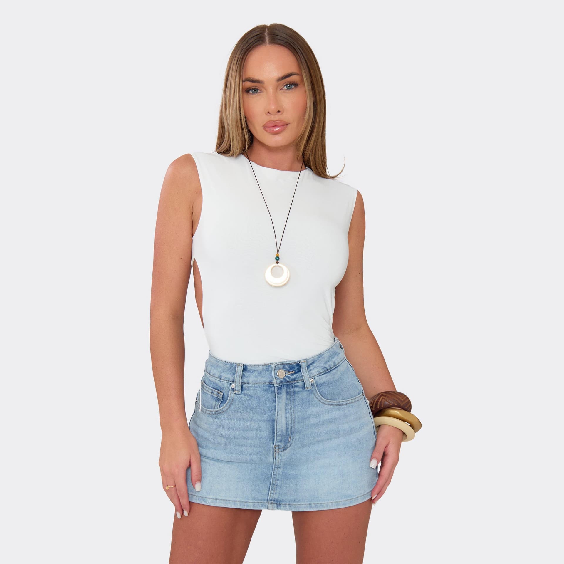 EGO Sleeveless Open Back Bodysuit In White Slinky, Women's Size UK 6