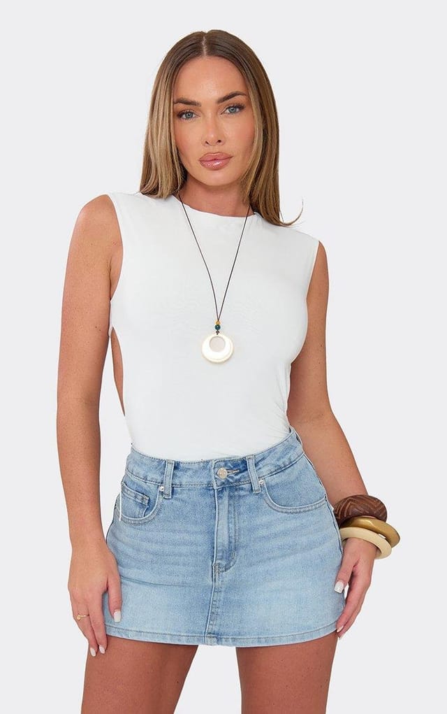 EGO Sleeveless Open Back Bodysuit In White Slinky, Women's Size UK 6 - 2