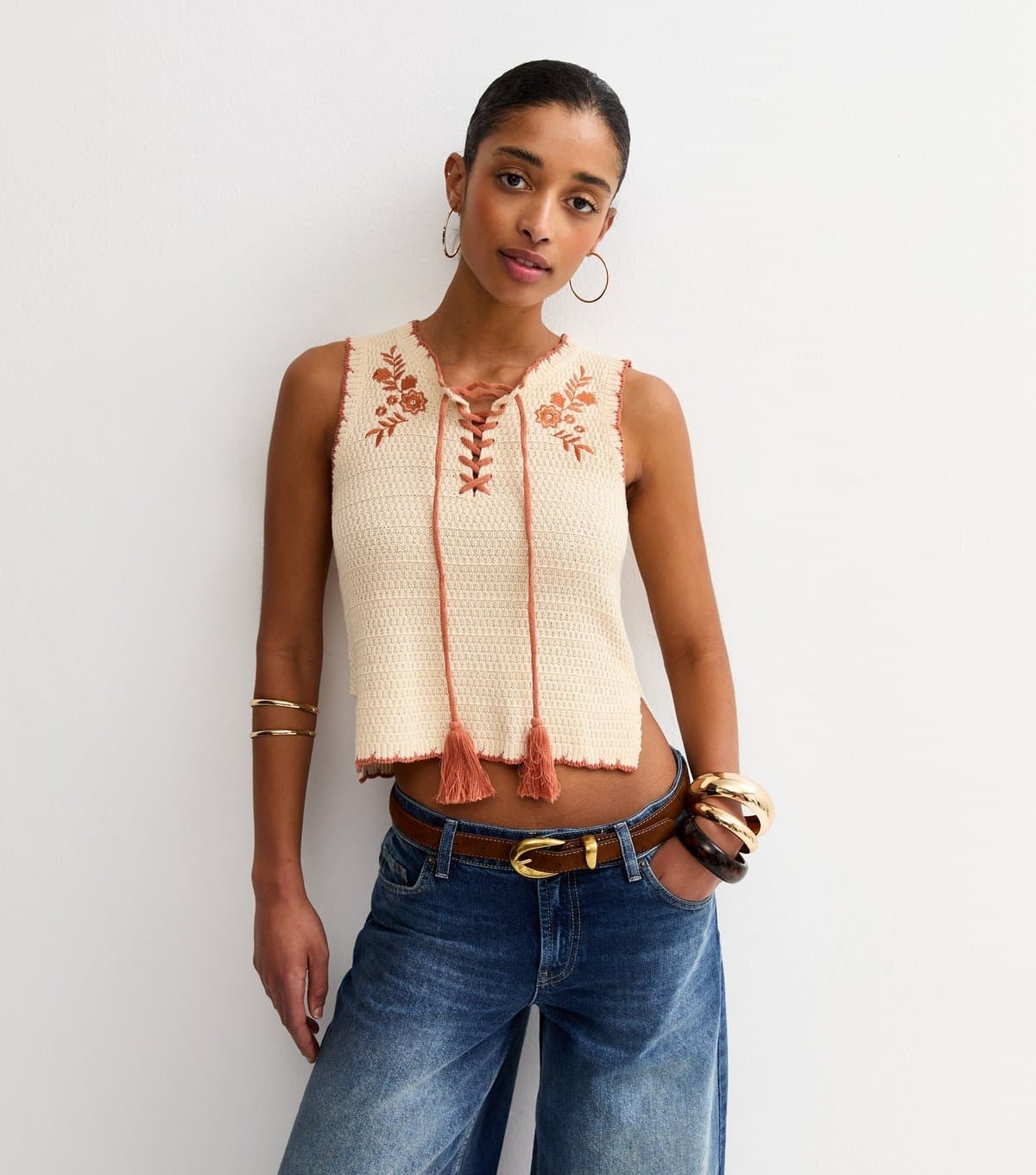 New Look New Look Cream Cotton Crochet Floral Embroidered Top