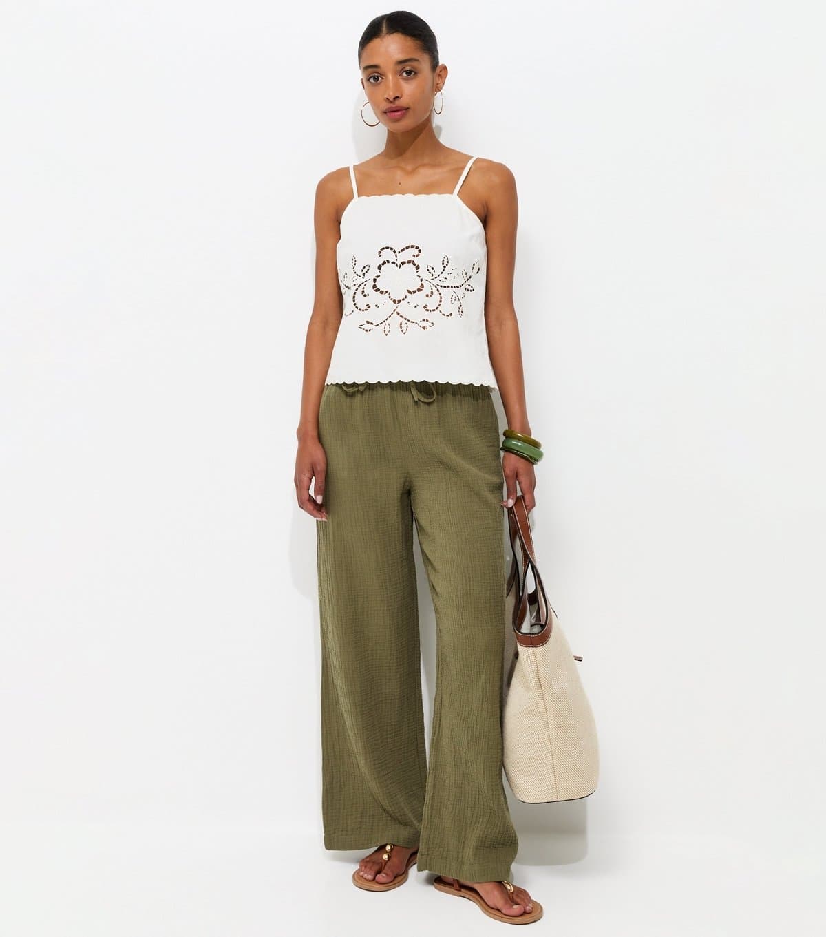 New Look New Look Khaki Textured Cotton Wide Leg Trousers