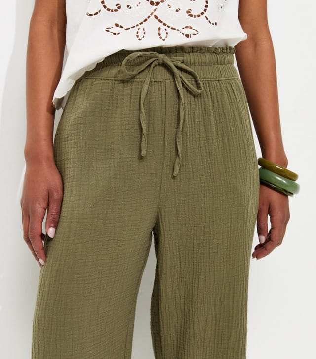 New Look Women's Dark Khaki Cotton Textured Drawstring Wide Leg Trousers New Look - 2