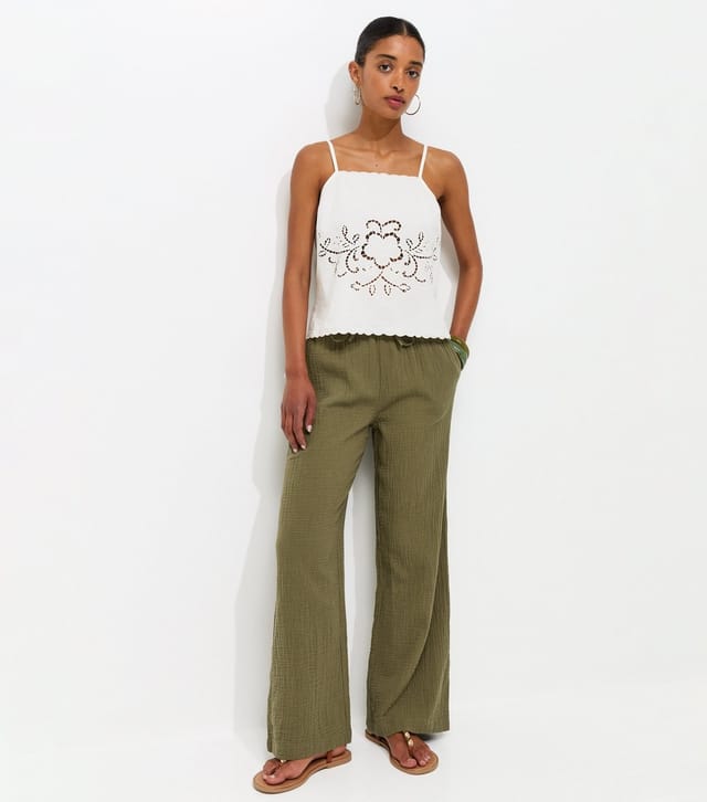 New Look Women's Dark Khaki Cotton Textured Drawstring Wide Leg Trousers New Look - 3