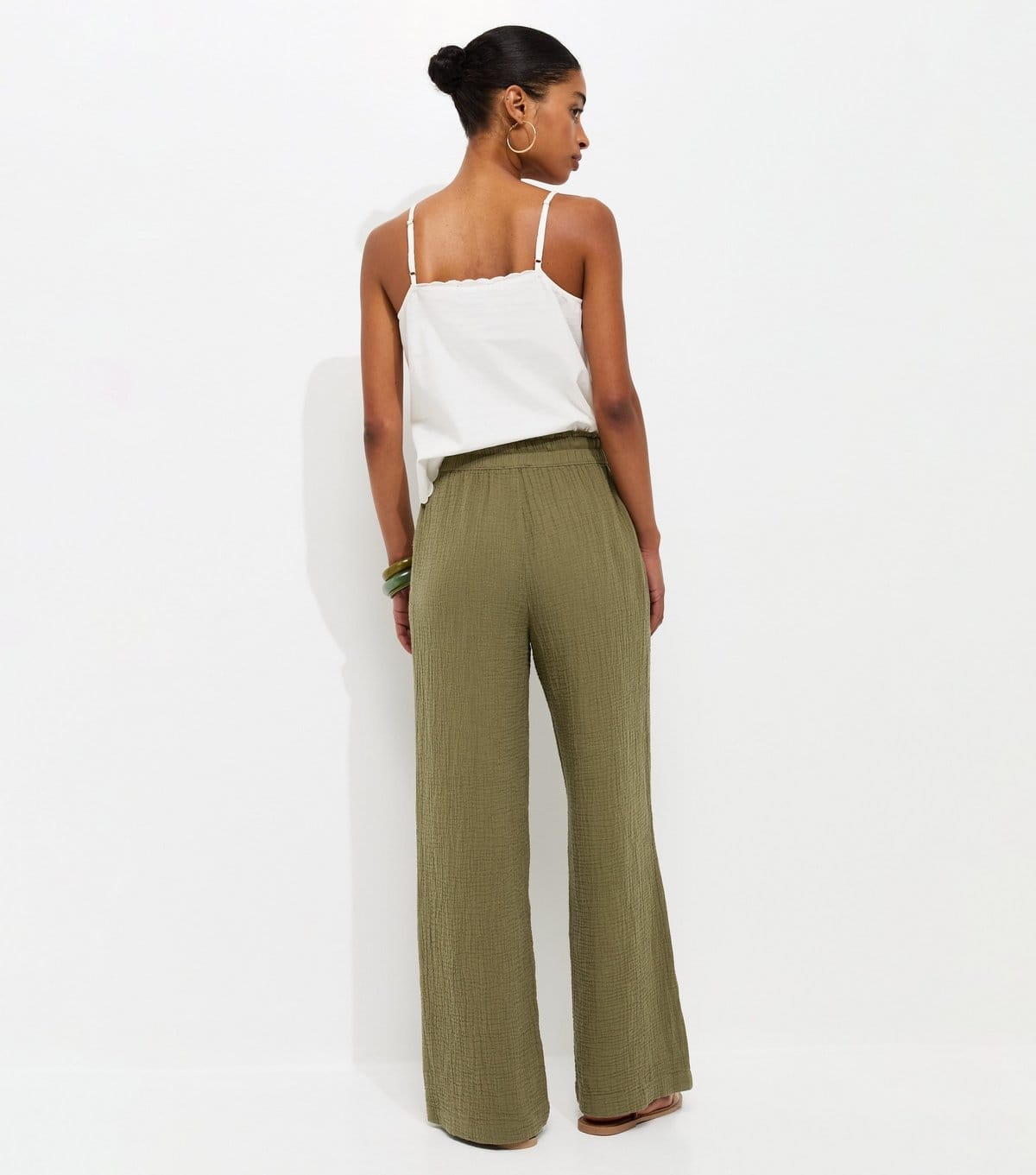 New Look Women's Dark Khaki Cotton Textured Drawstring Wide Leg Trousers New Look - 4
