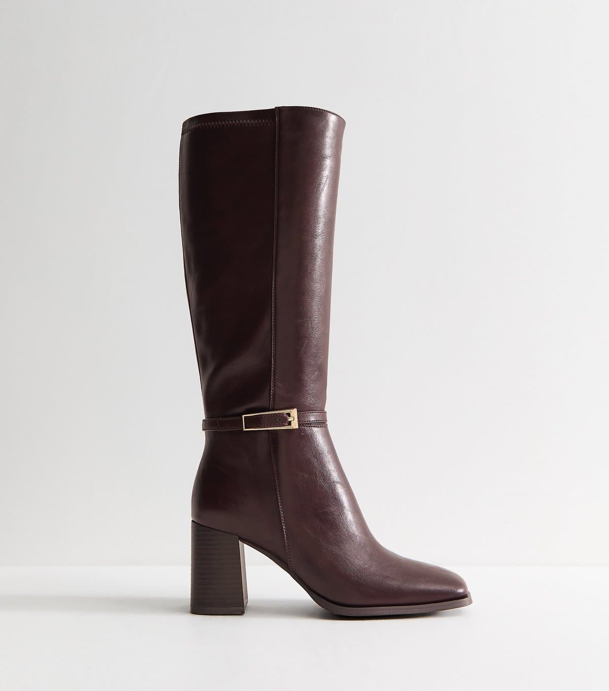 New Look Women's Wide Fit Dark Burgundy Faux Leather Square Toe Block Heel Boots Vegan New Look