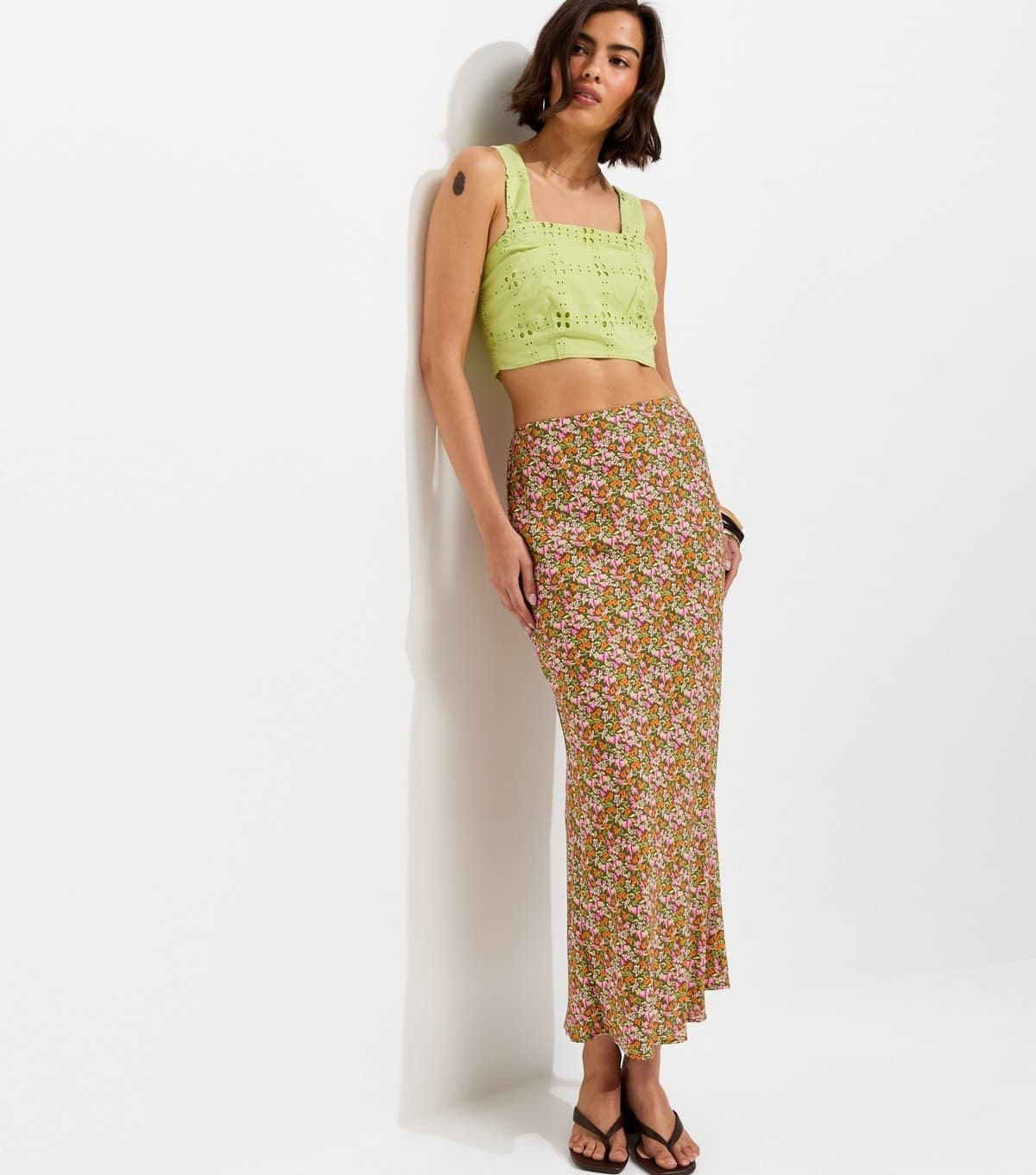New Look Women's Green Floral Print Midi Skirt New Look
