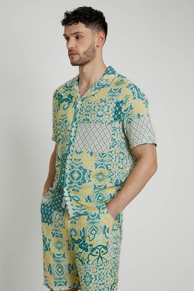 Native Youth Native Youth Men's Short Sleeve Lightweight Tile Print Relaxed Shirt in Green - 3