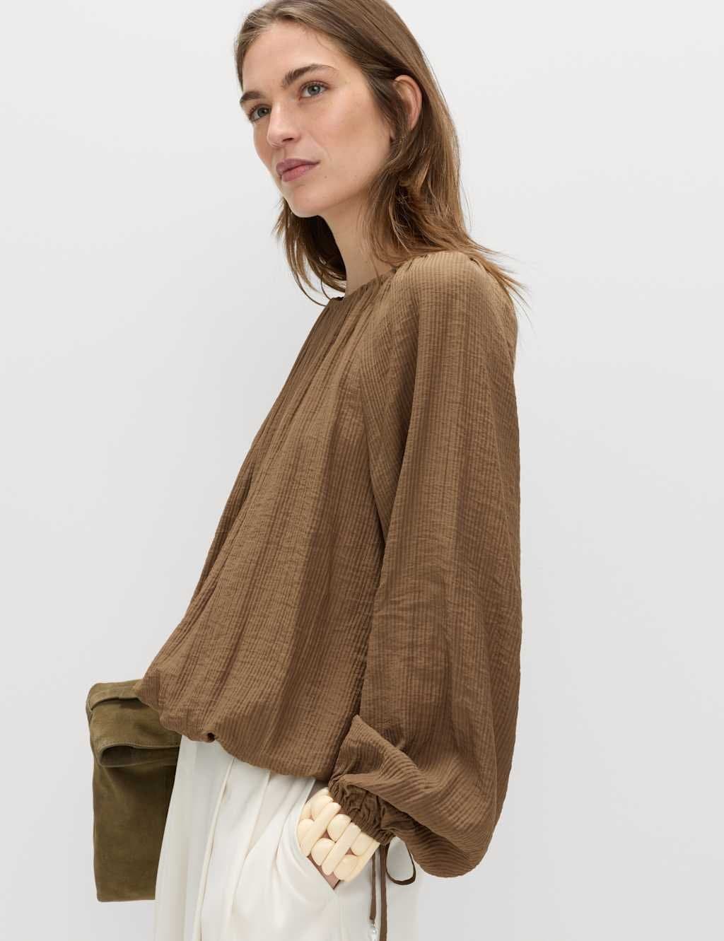 Marks & Spencer M&S Striped Plisse Tie Detail Blouse Olive