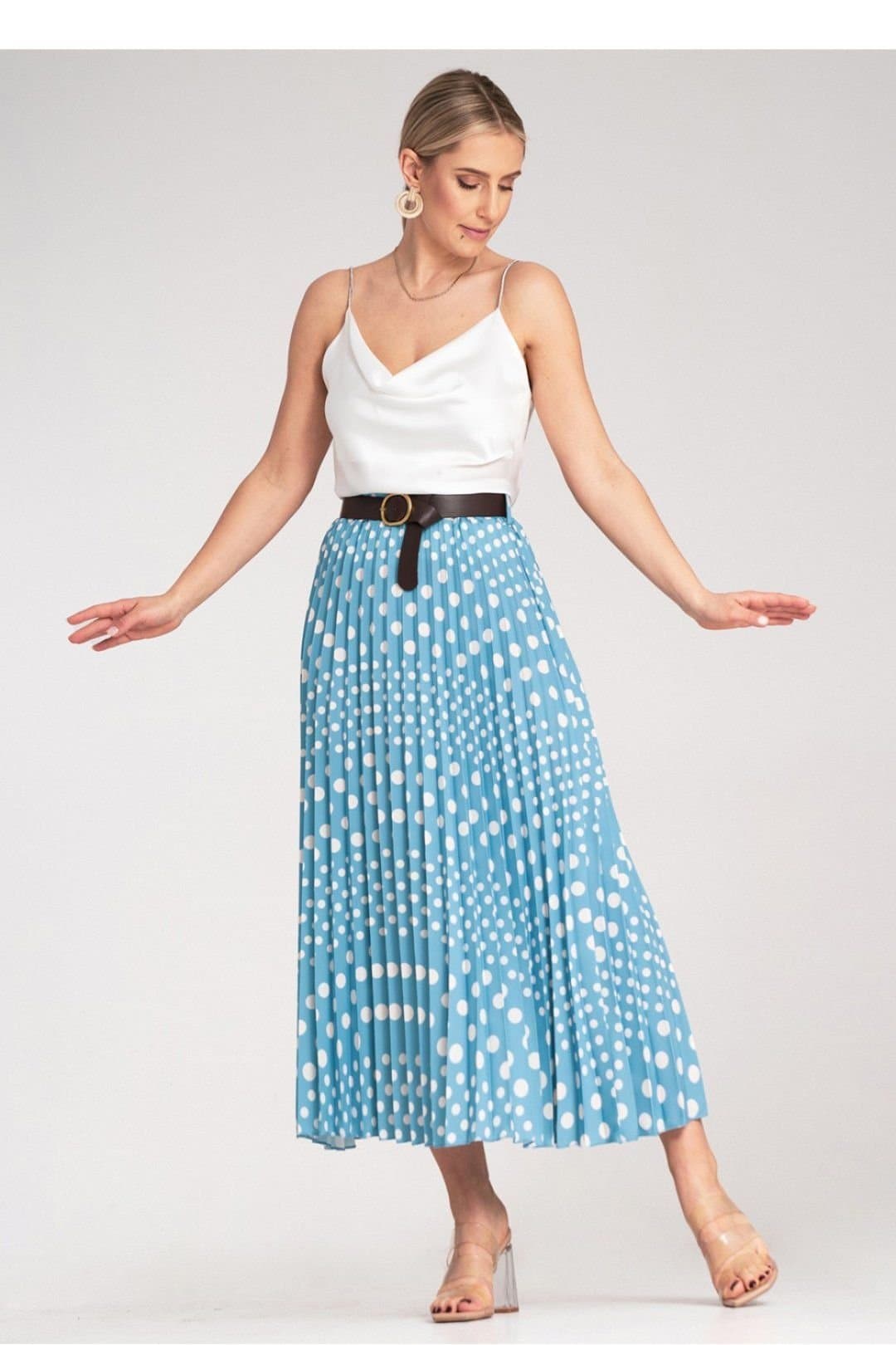 Love Lace Love Lace Women's White Polka Dot Pleated Midi Skirt with Belt in Blue