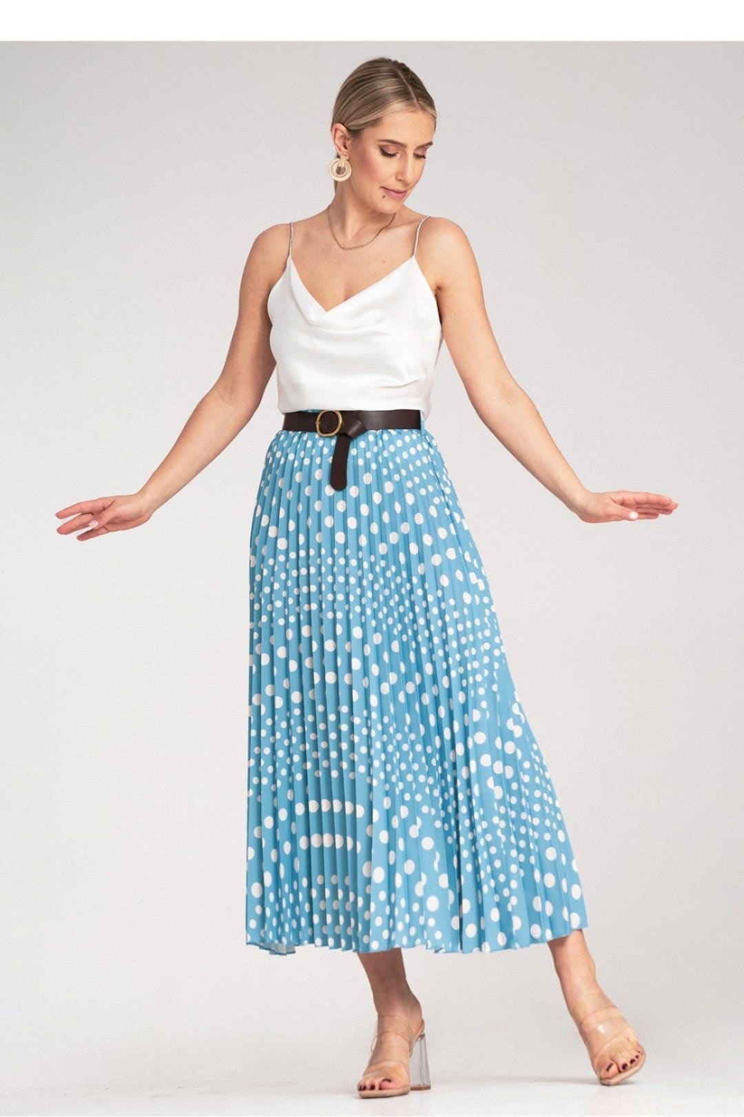 Love Lace Women's Blue Polka Dot Pleated Midi Skirt with Belt