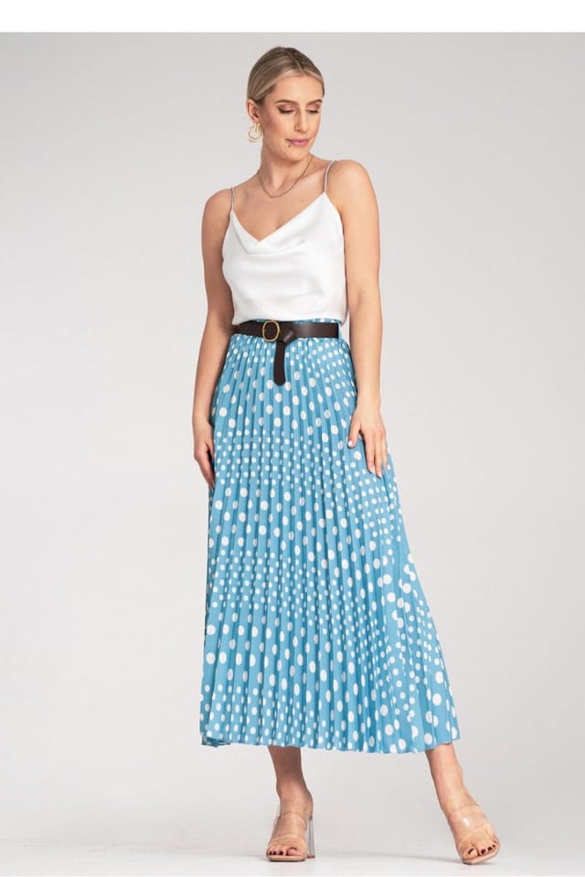 Love Lace Love Lace Women's White Polka Dot Pleated Midi Skirt with Belt in Blue - 2