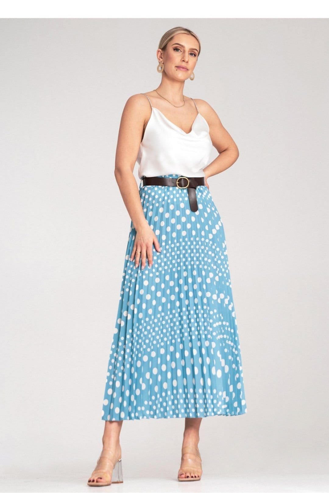 Love Lace Love Lace Women's White Polka Dot Pleated Midi Skirt with Belt in Blue - 4