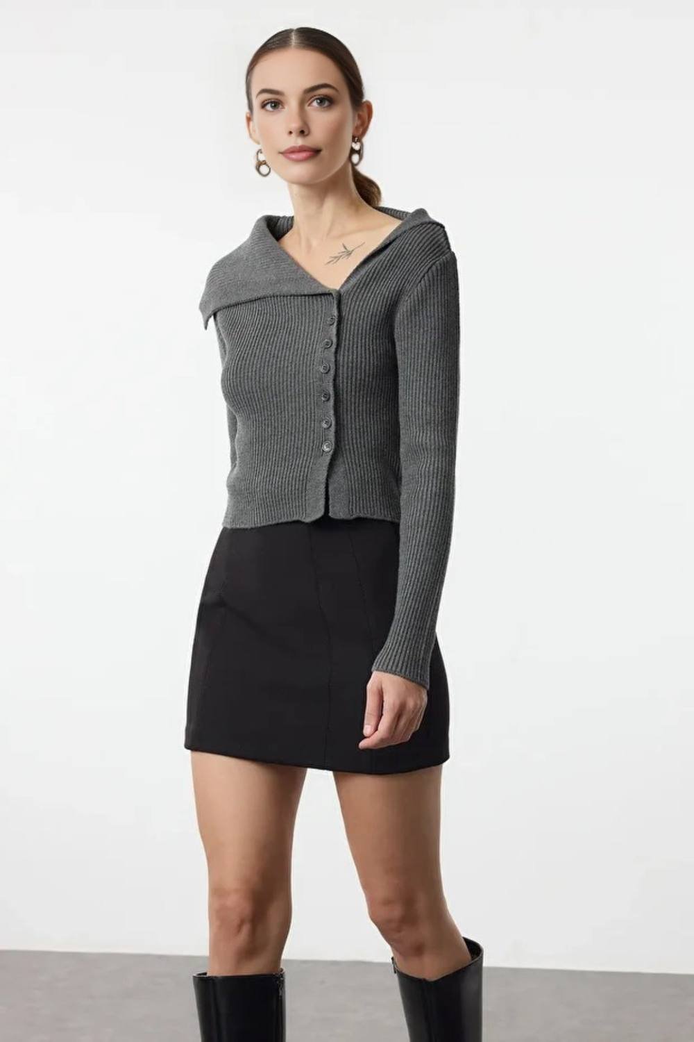 WOVCOR WOVCOR Women's Mercerized Look Premium Yarn Fitted Knit Cardigan in Dark Grey - 2