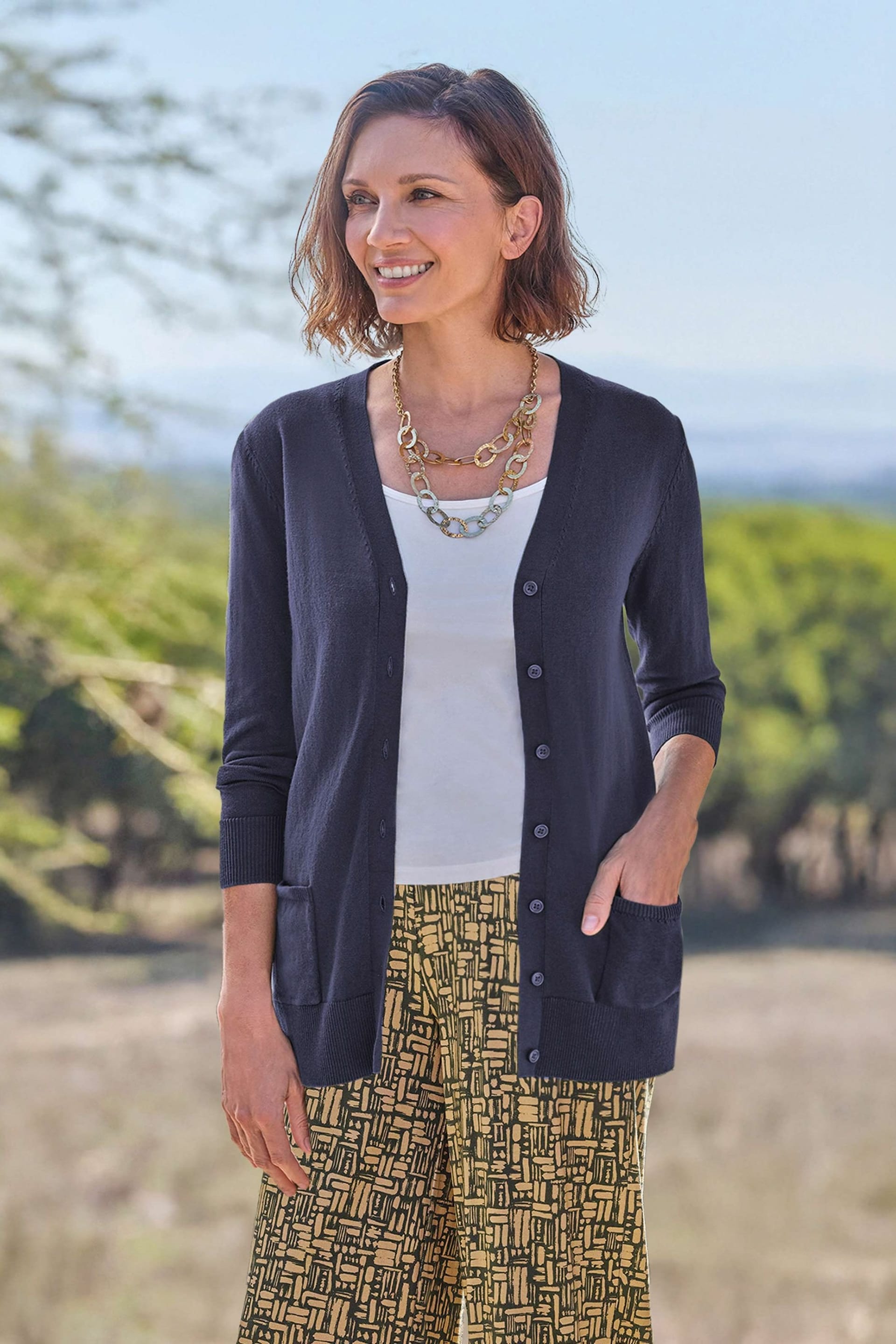 WoolOvers WoolOvers Women's Long V Neck Cardigan in Navy - 4