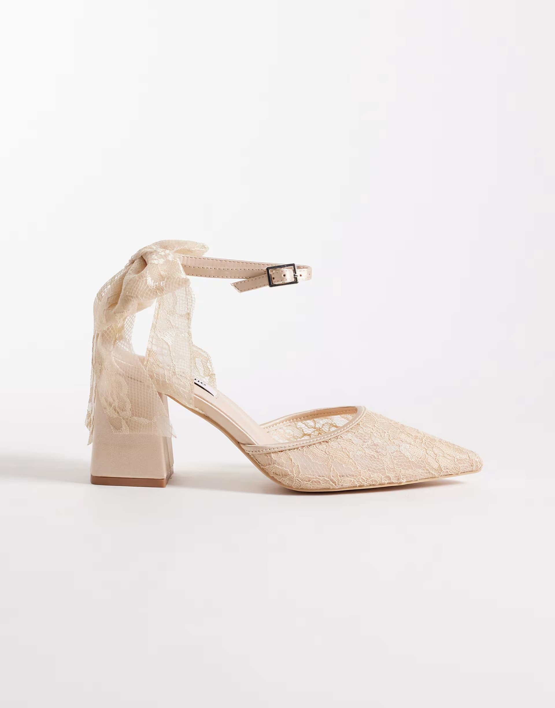 ASOS Be Mine Bridal Reema block heeled shoes with bow detail in rose lace