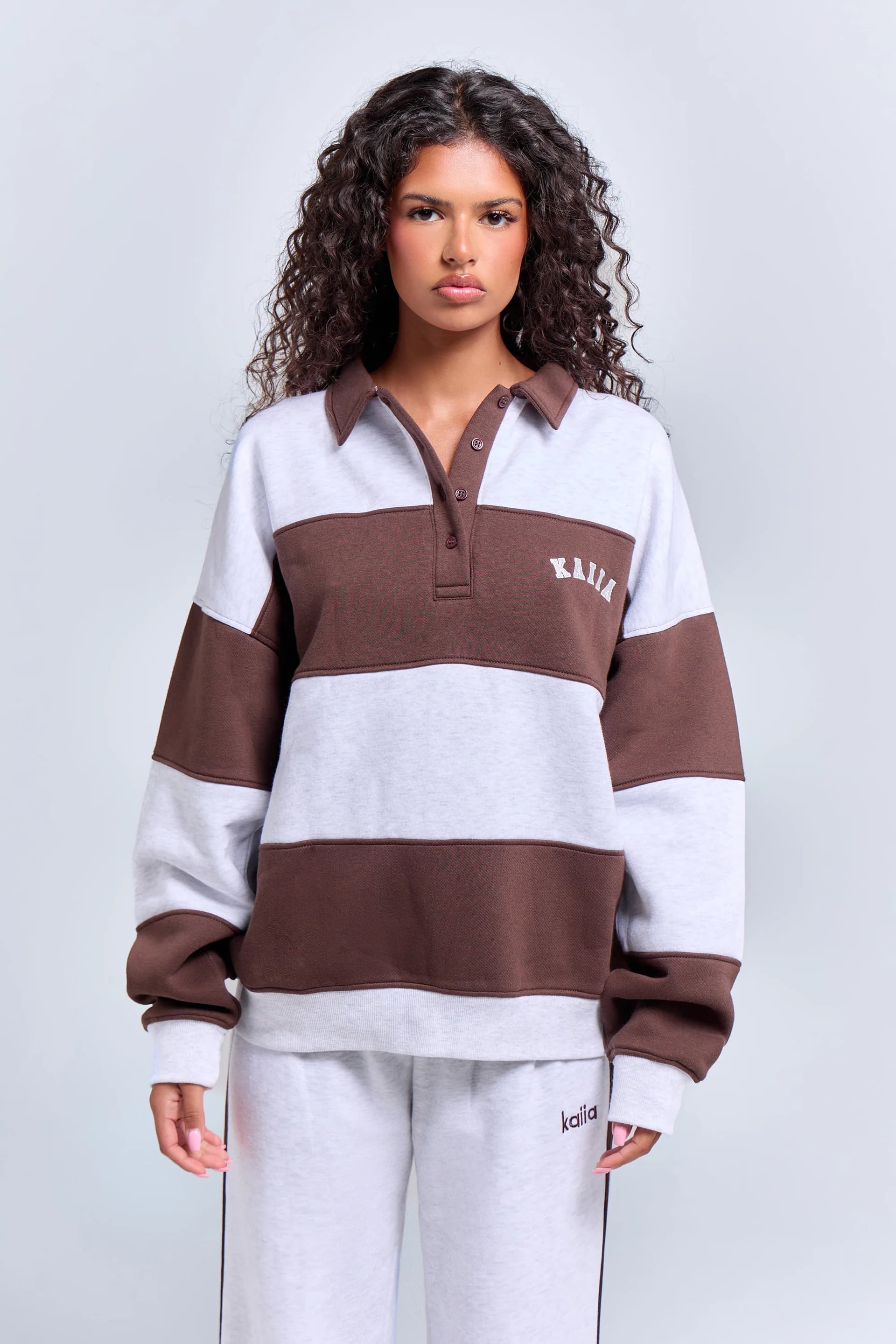 Kaiia Kaiia Striped Oversized Rugby Sweatshirt Light Grey Marl & Chocolate