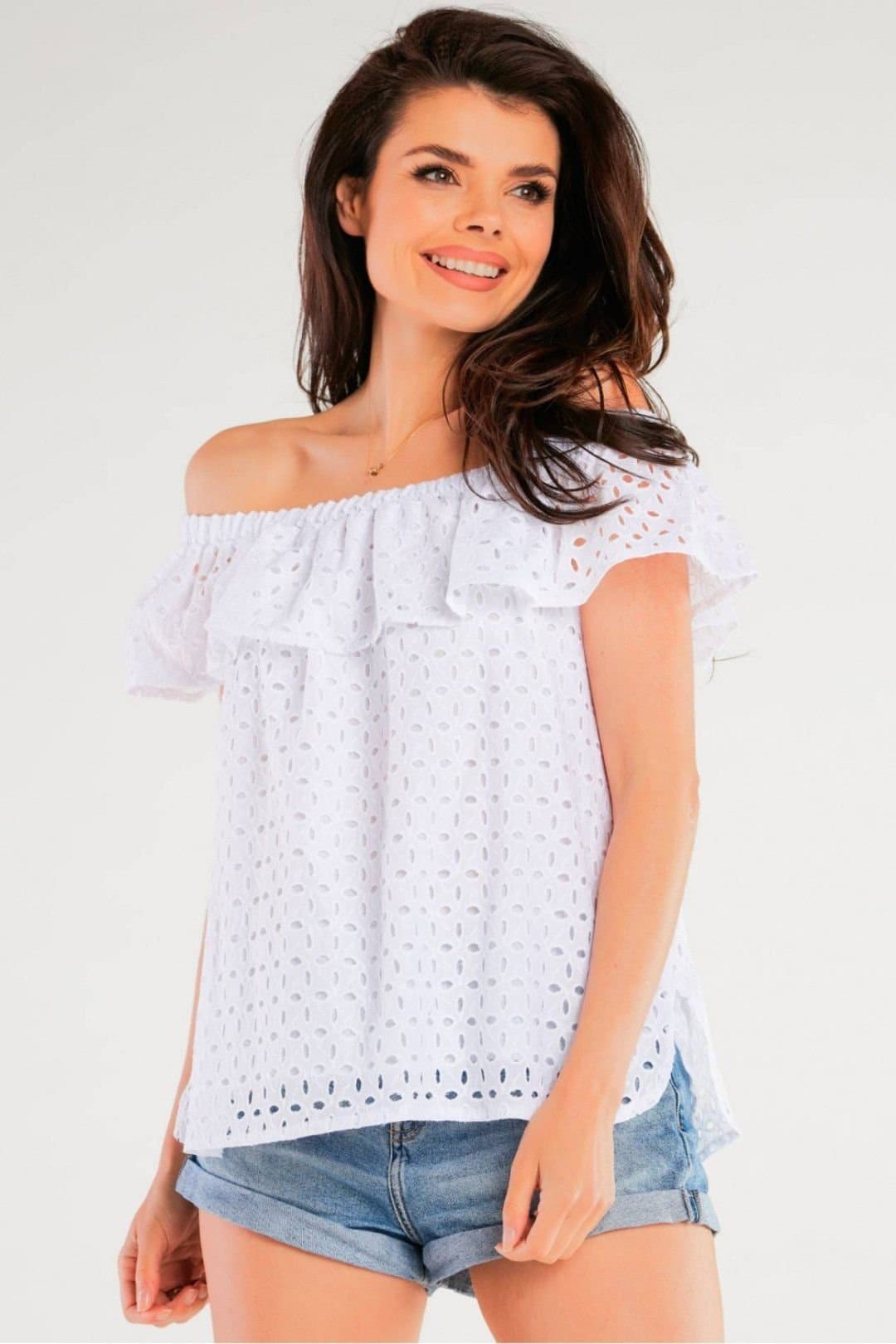 Love Lace Love Lace Women's Spanish Openwork Frill Neck Summer Blouse in White