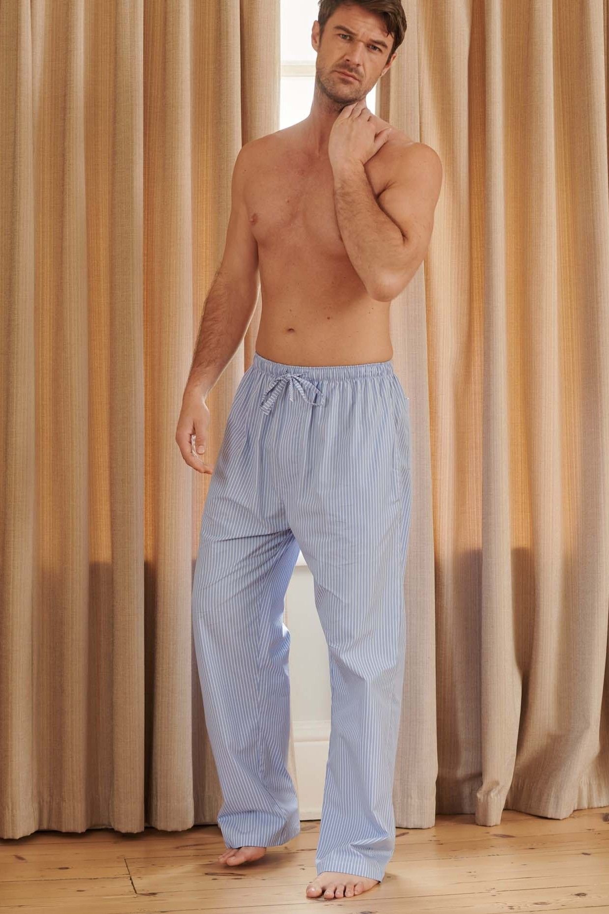 British Boxers British Boxers Men's "Sky Blue & White" Stripe Crisp Cotton Pyjama Trousers in Light Blue - 2