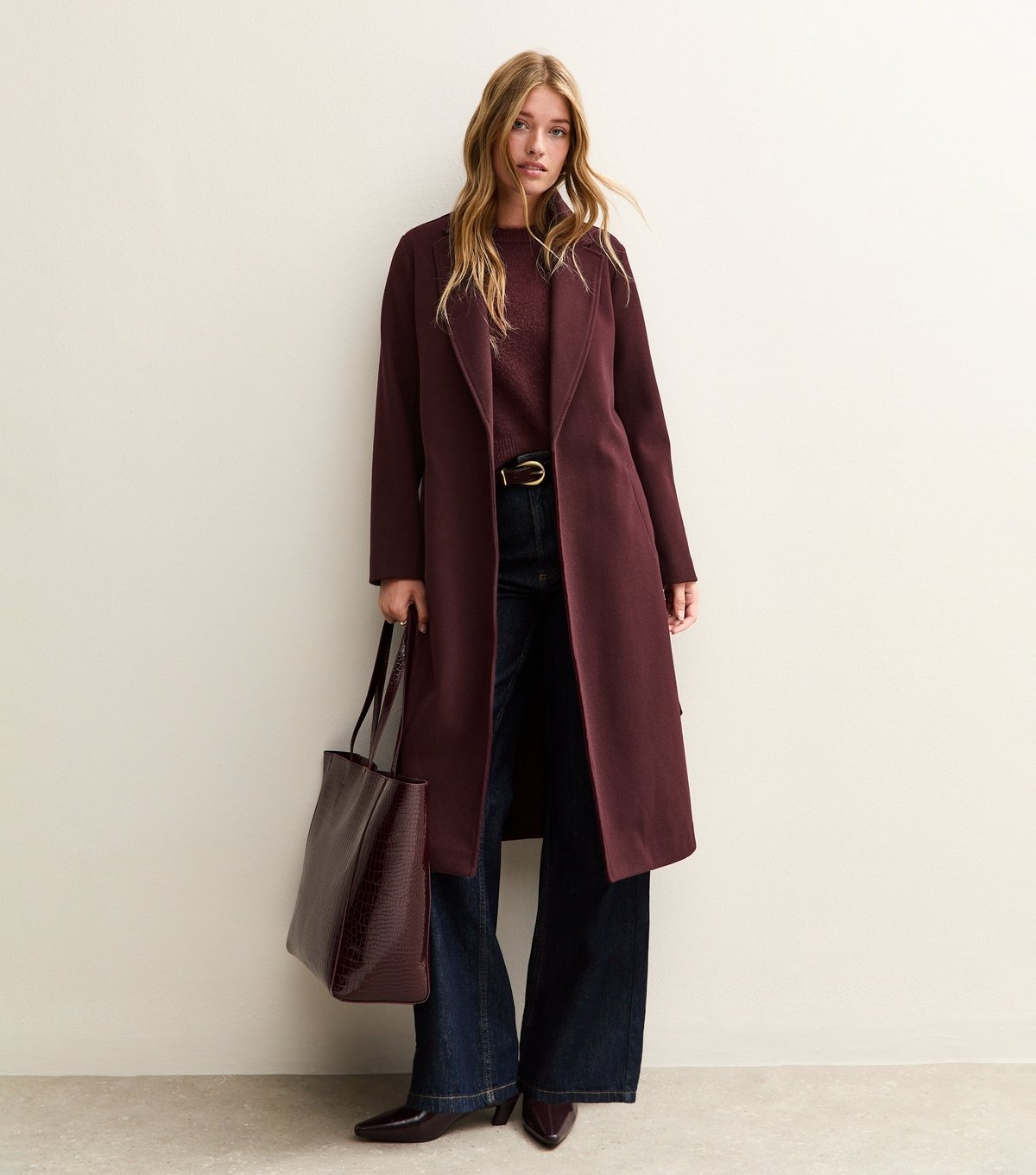 New Look Women's Burgundy Unlined Longline Belted Coat New Look - 2