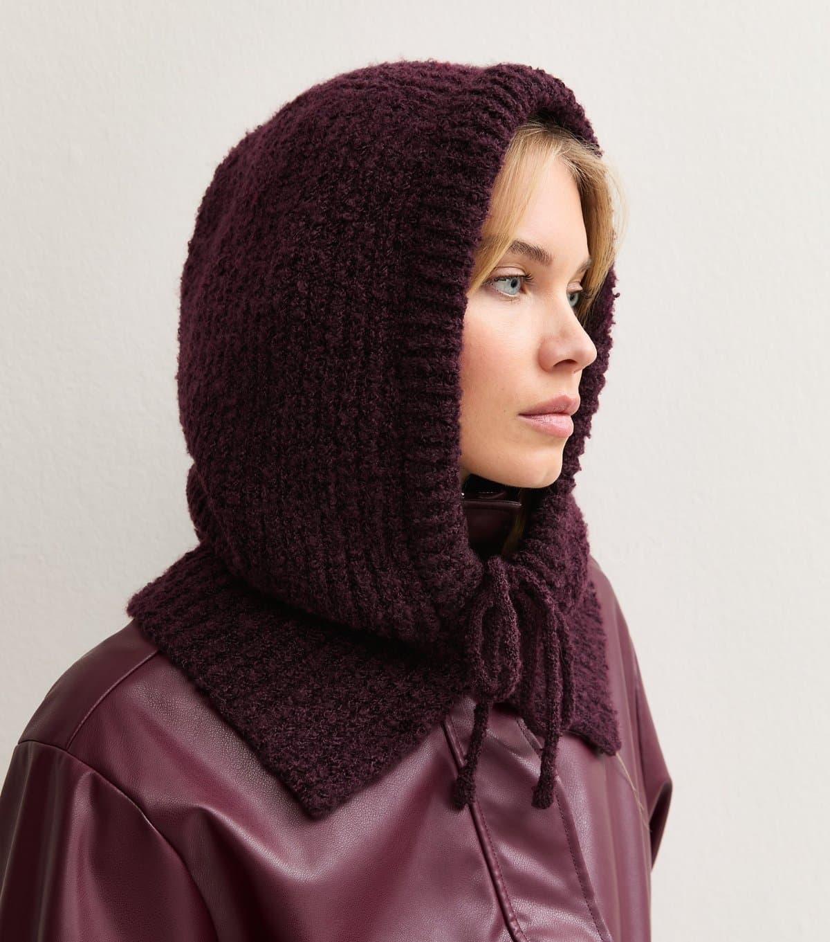 New Look Dark Burgundy Ribbed Knit Balaclava Hood New Look