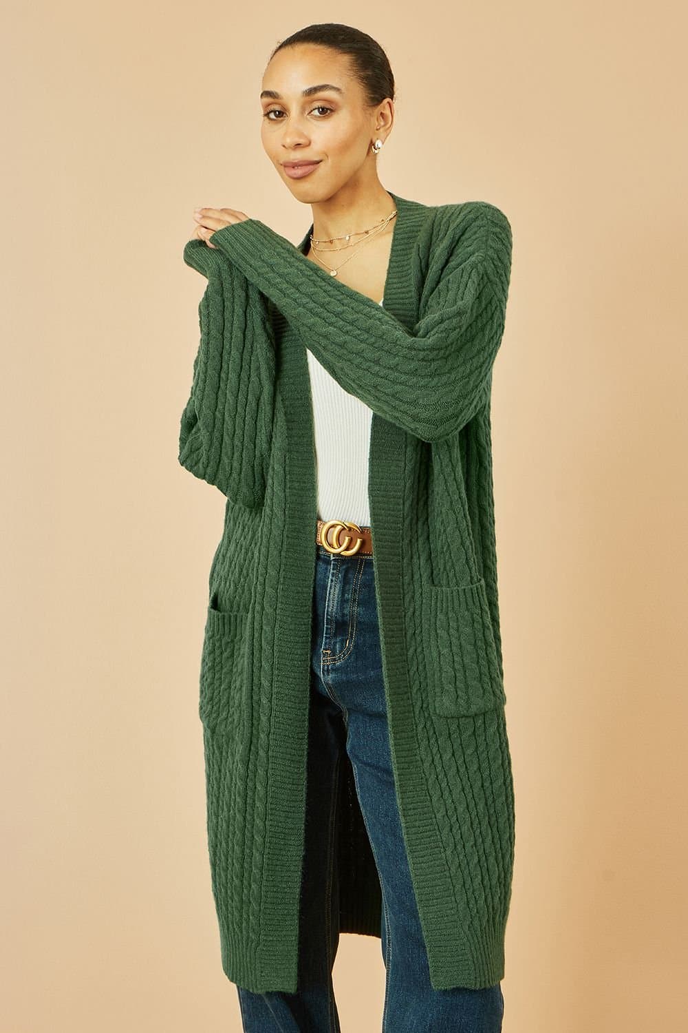 Yumi Yumi Women's Green Cable Knit Edge to Edge Long Cardigan With Pockets