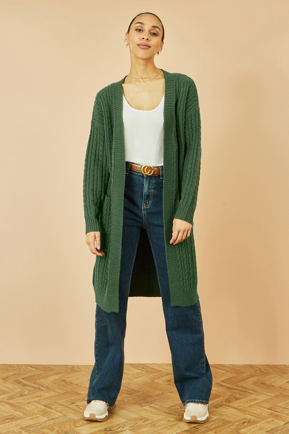 Yumi Yumi Women's Green Cable Knit Edge to Edge Long Cardigan With Pockets - 2