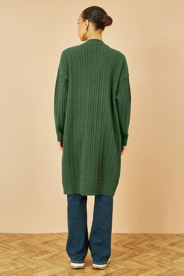 Yumi Yumi Women's Green Cable Knit Edge to Edge Long Cardigan With Pockets - 3