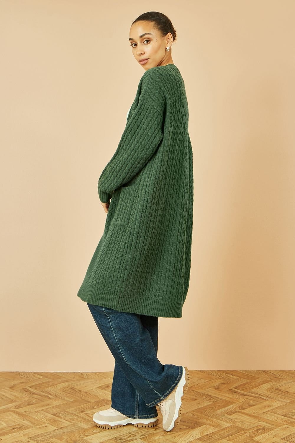 Yumi Yumi Women's Green Cable Knit Edge to Edge Long Cardigan With Pockets - 4