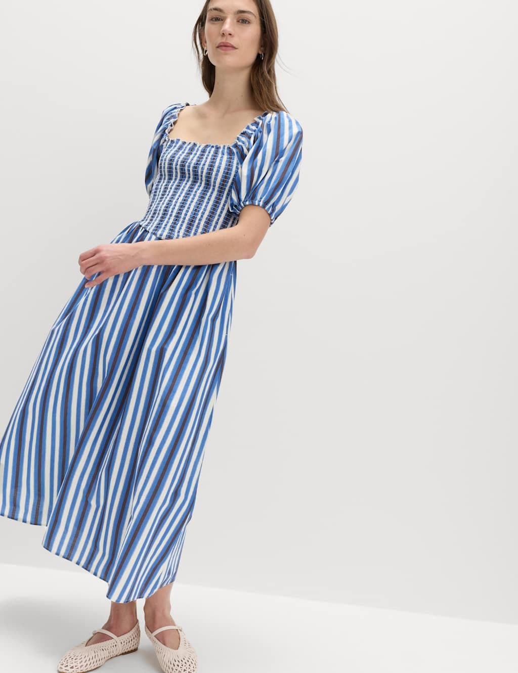 Marks & Spencer M&S Pure Cotton Striped Shirred Midi Dress Blue Mix