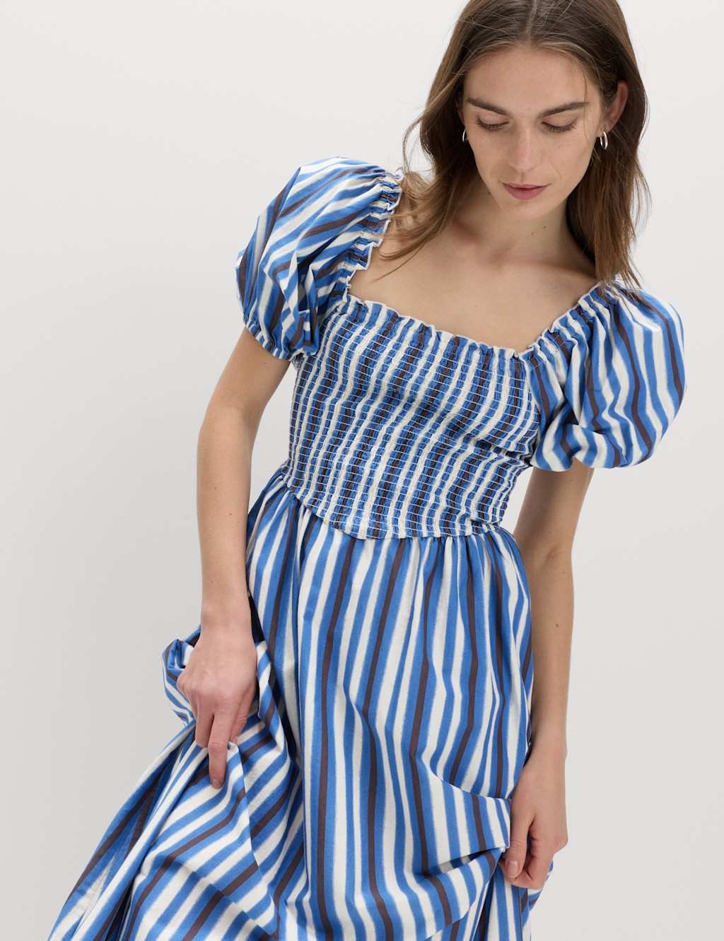 Marks & Spencer M&S Pure Cotton Striped Shirred Midi Dress Blue Mix - 2