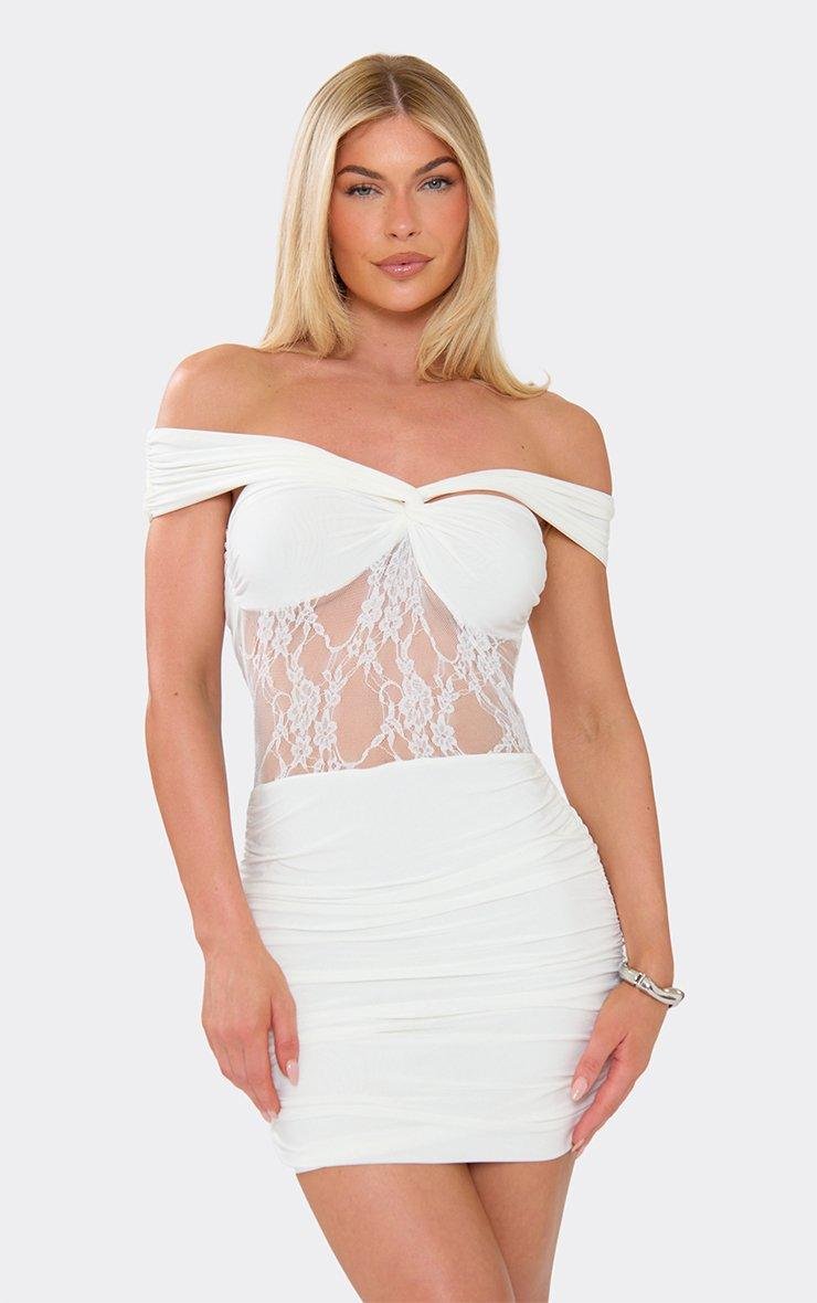 EGO Bardot Contrast Lace Mini Dress In White, Women's Size UK 6 - 2