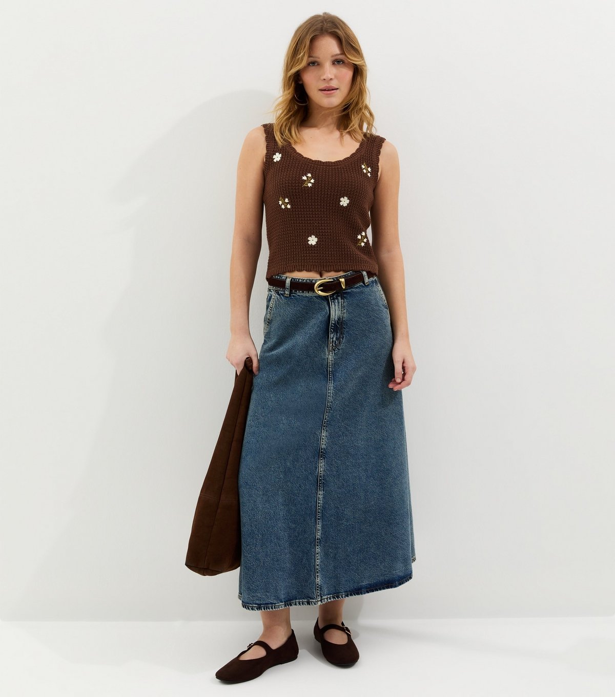 New Look Women's Dark Brown Cotton Rich Embroidered Flower Knit Vest New Look - 3