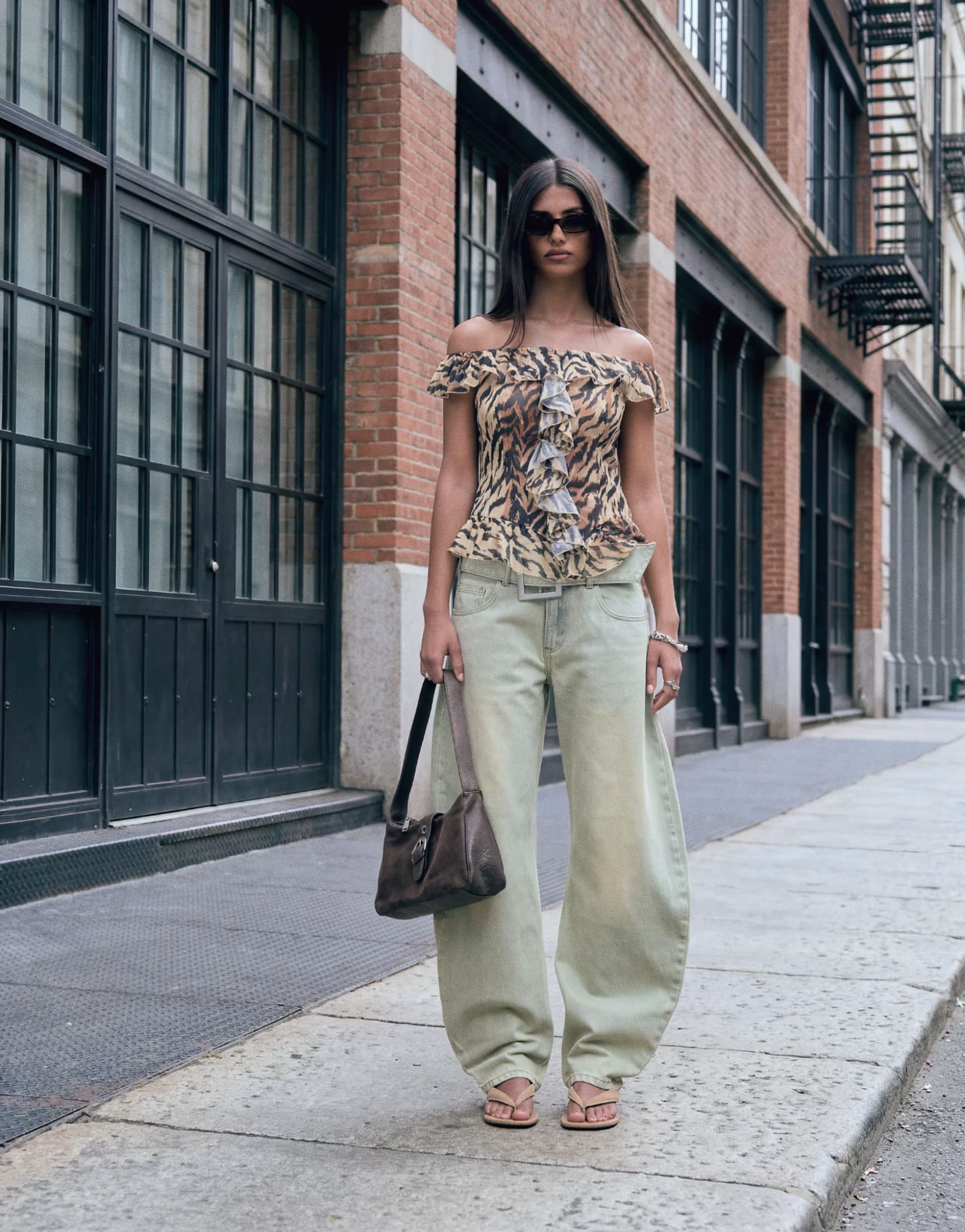 ASOS Lioness Dynasty wide belt detail barrel leg jeans in washed camel