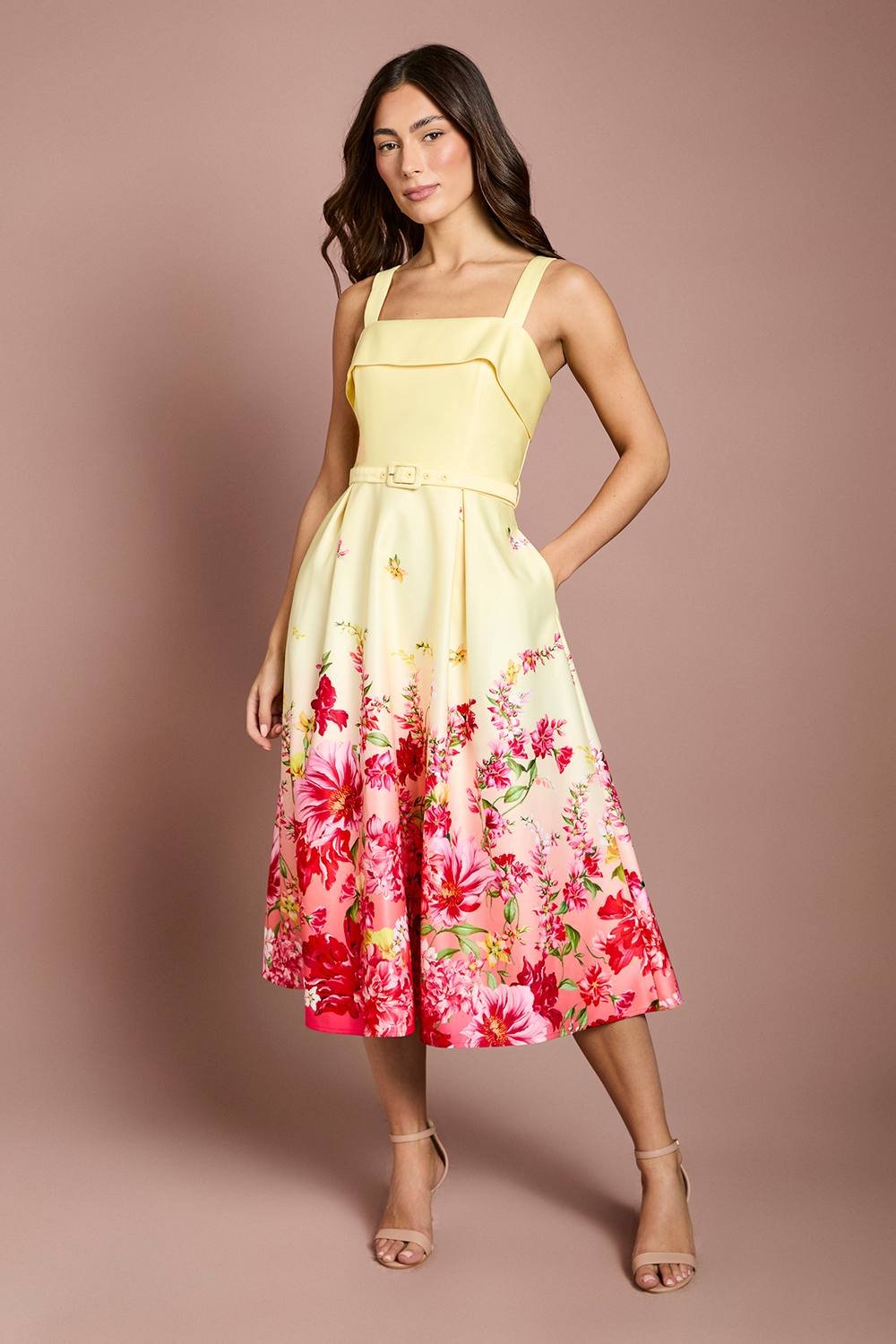 Coast Coast Women's Placement Floral Print Belted Midi Dress in Lemon - 2