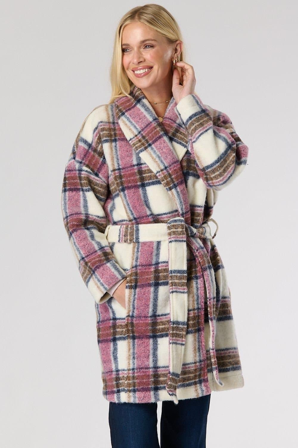Saloos Saloos Pink Check Wool Coat with Belt for Women