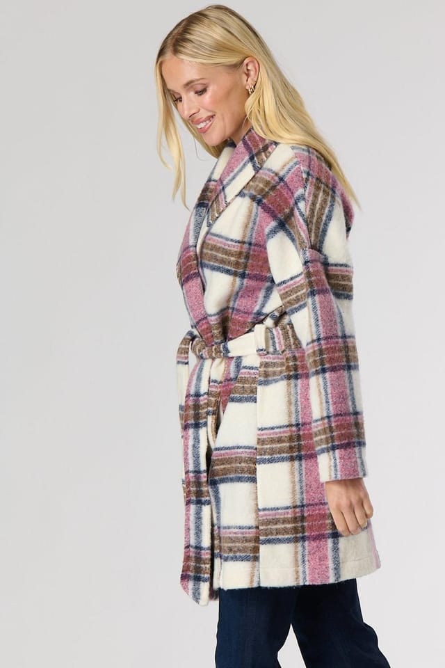 SALOOS Saloos Women's Check Wool Coat with Belt in Pink - 2