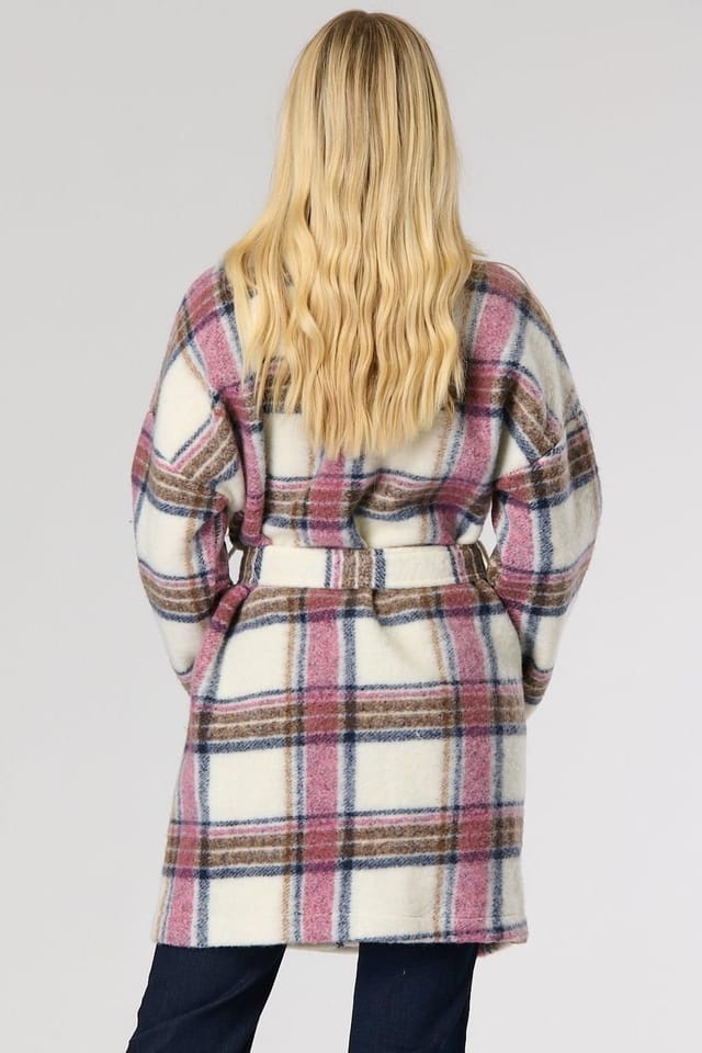 SALOOS Saloos Women's Check Wool Coat with Belt in Pink - 3