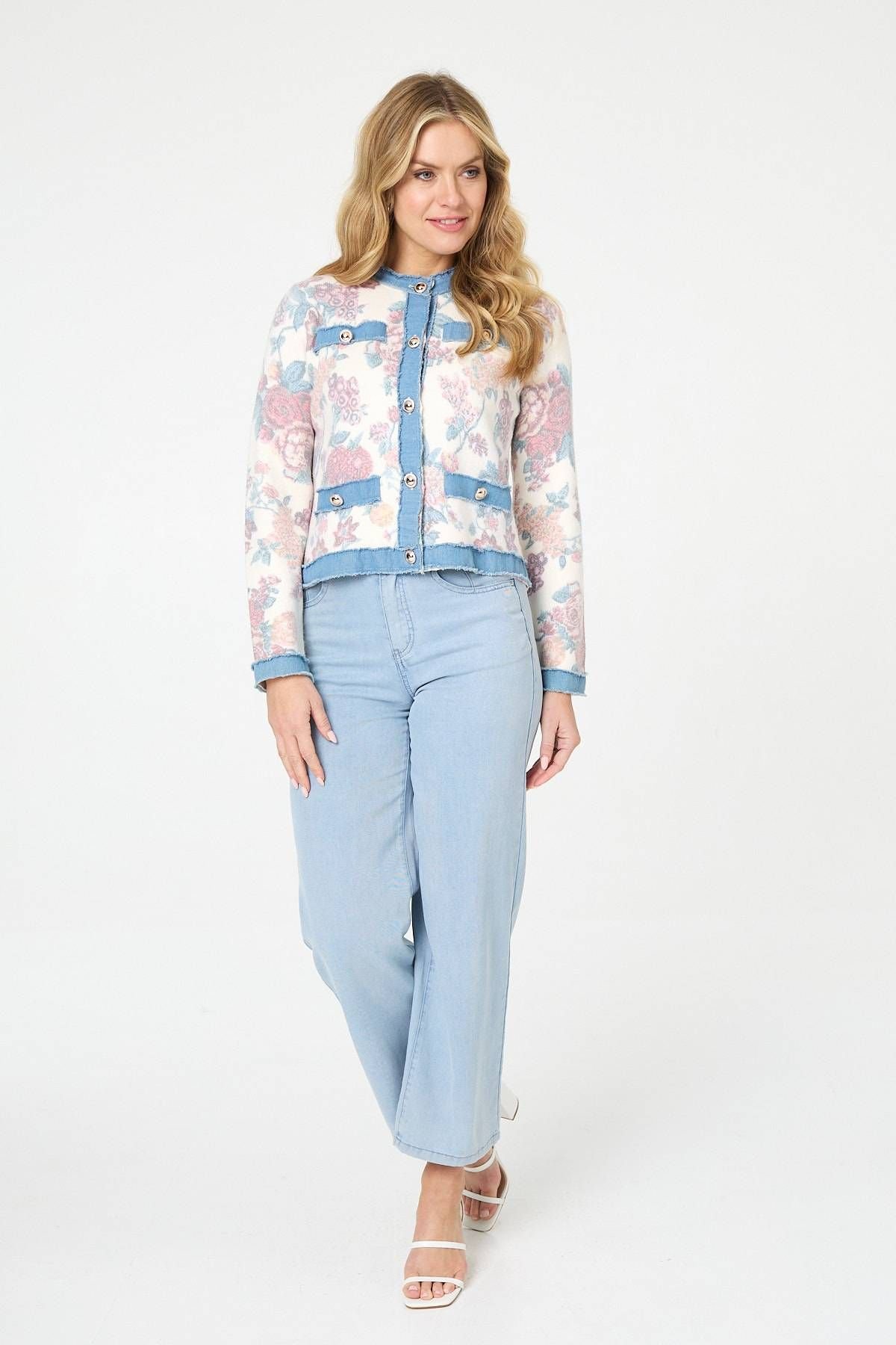 Izabel London Izabel London Women's Floral Denim Trim Button Detail Jacket in White - 2