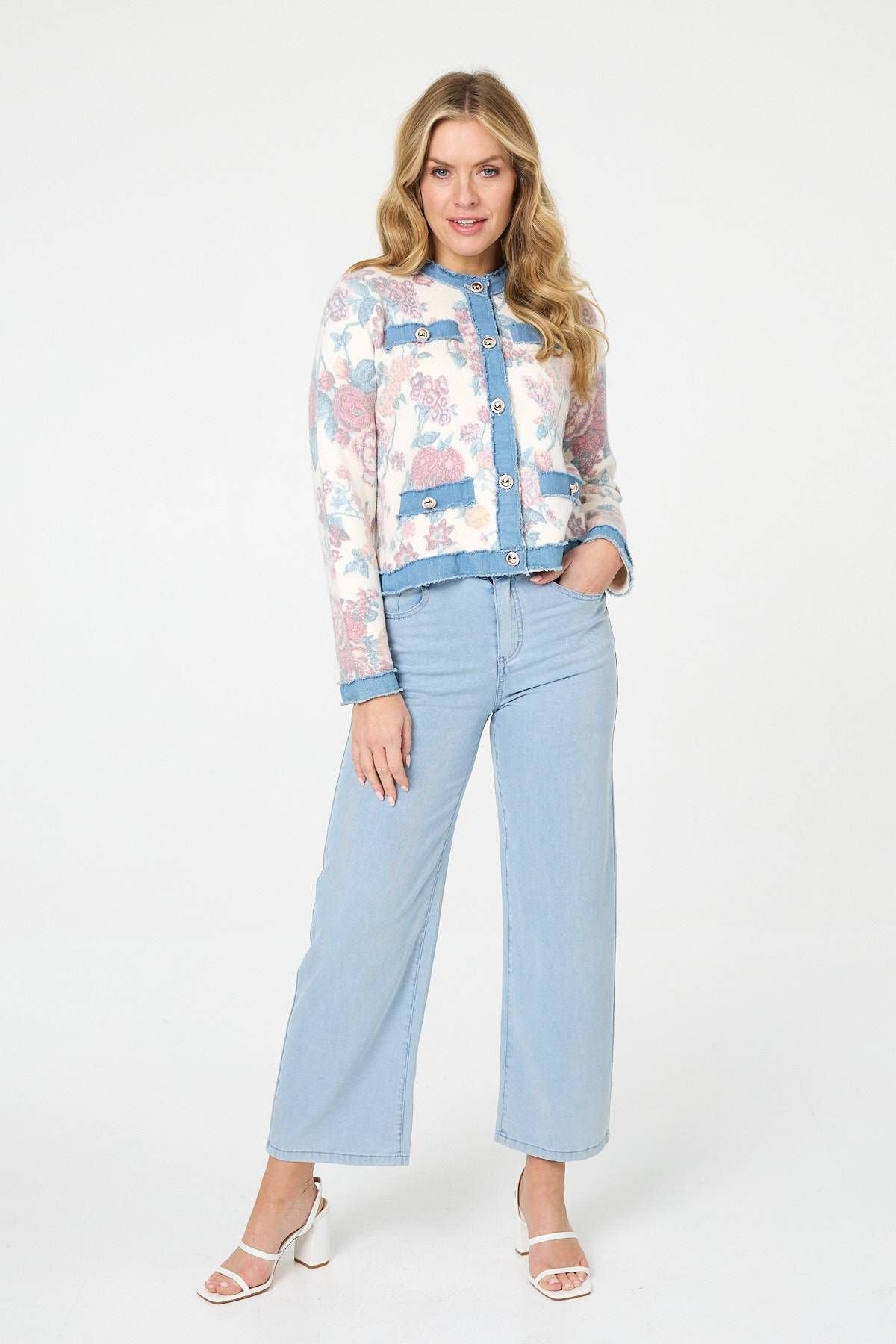 Izabel London Izabel London Women's Floral Denim Trim Button Detail Jacket in White - 4