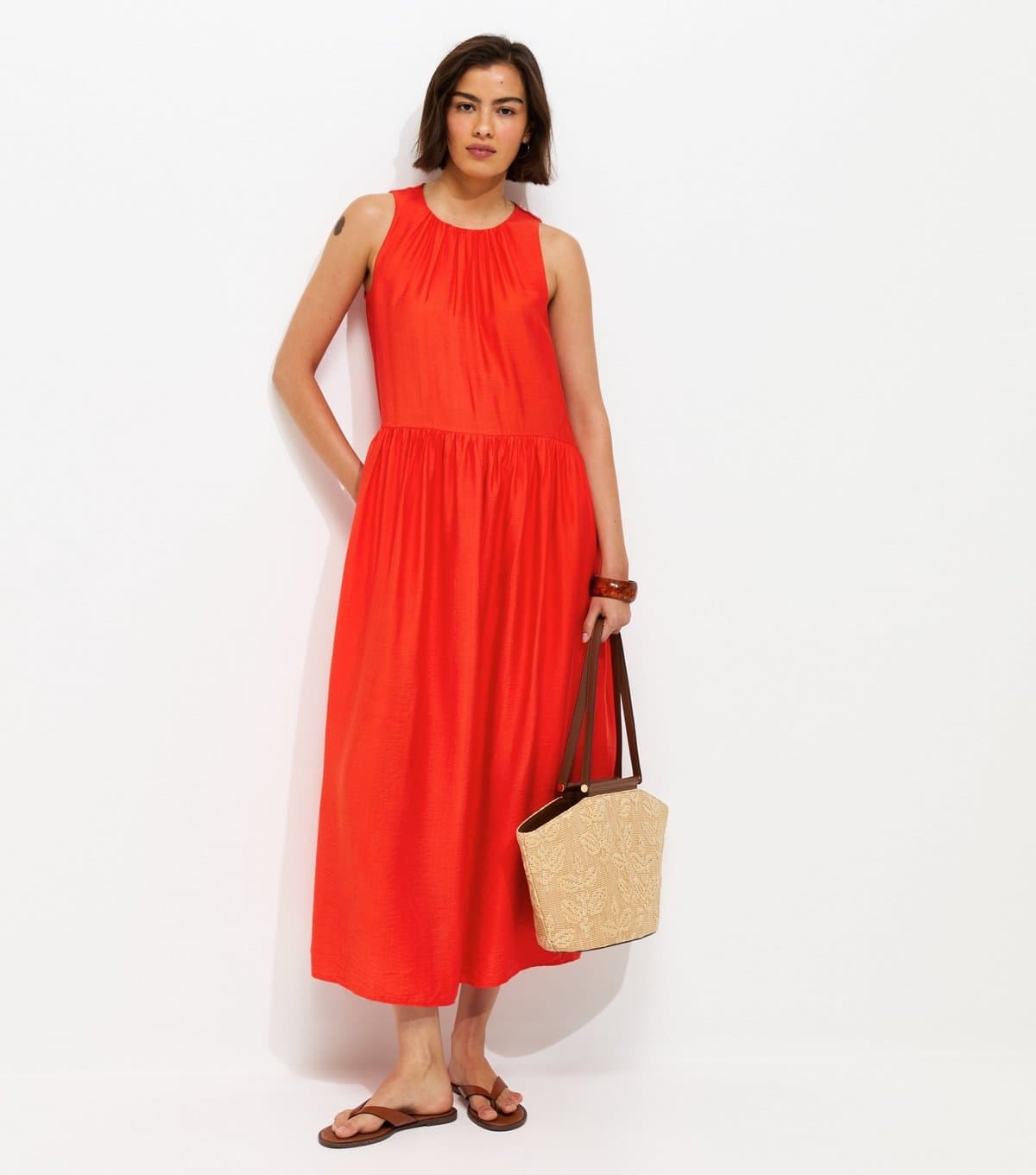 New Look Women's Bright Orange Drop Waist Sleeveless Midi Dress New Look