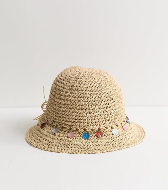 New Look Stone Colourful Disc Crochet Straw Bucket Hat New Look - 2