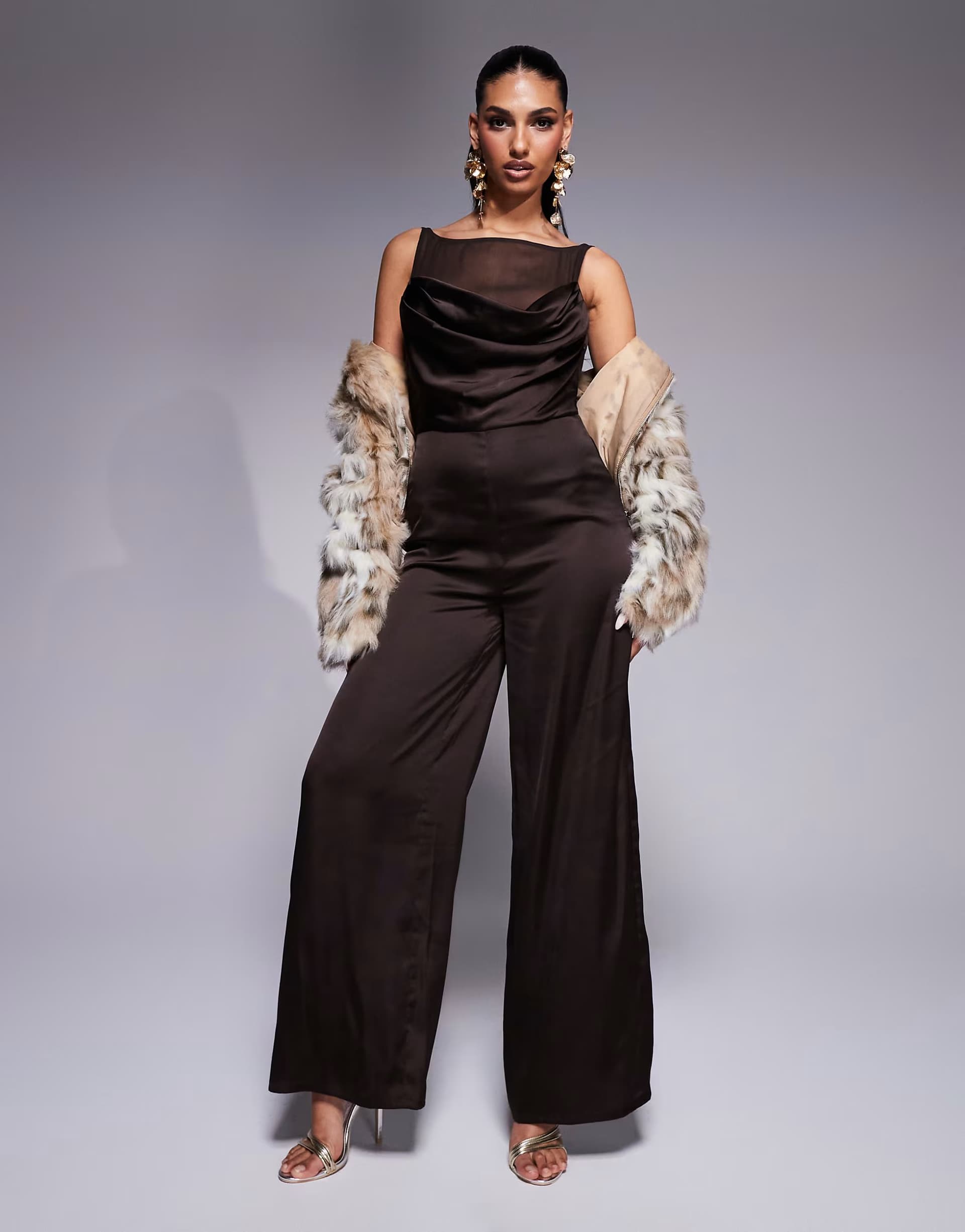 ASOS ASOS DESIGN cowl neck satin jumpsuit with sheer underlay and buckle back in chocolate brown
