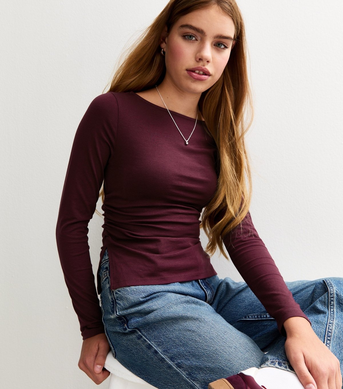 New Look Girls' Dark Burgundy Long Sleeve Ruched Side Slit Top New Look - 2