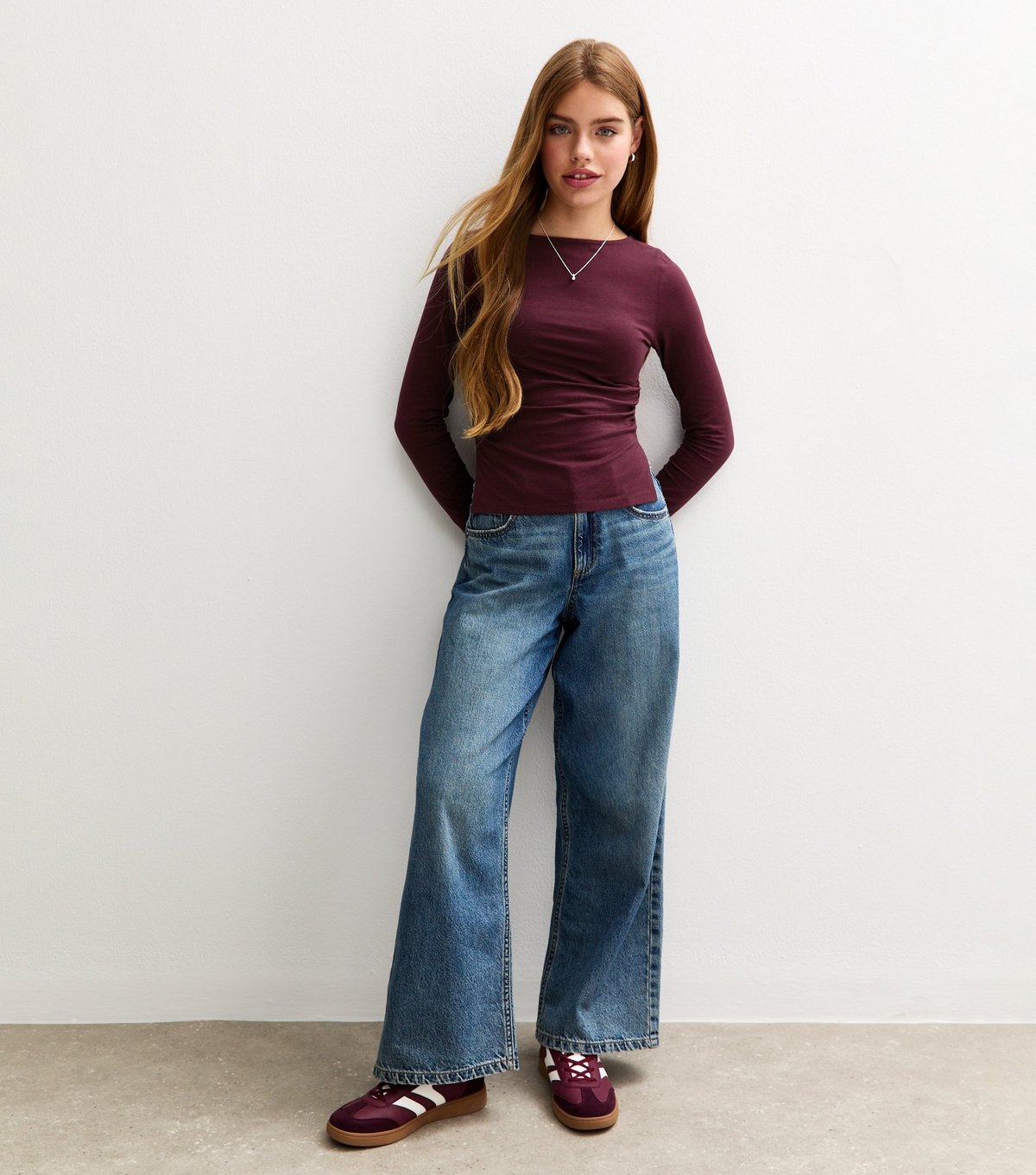 New Look Girls' Dark Burgundy Long Sleeve Ruched Side Slit Top New Look - 3