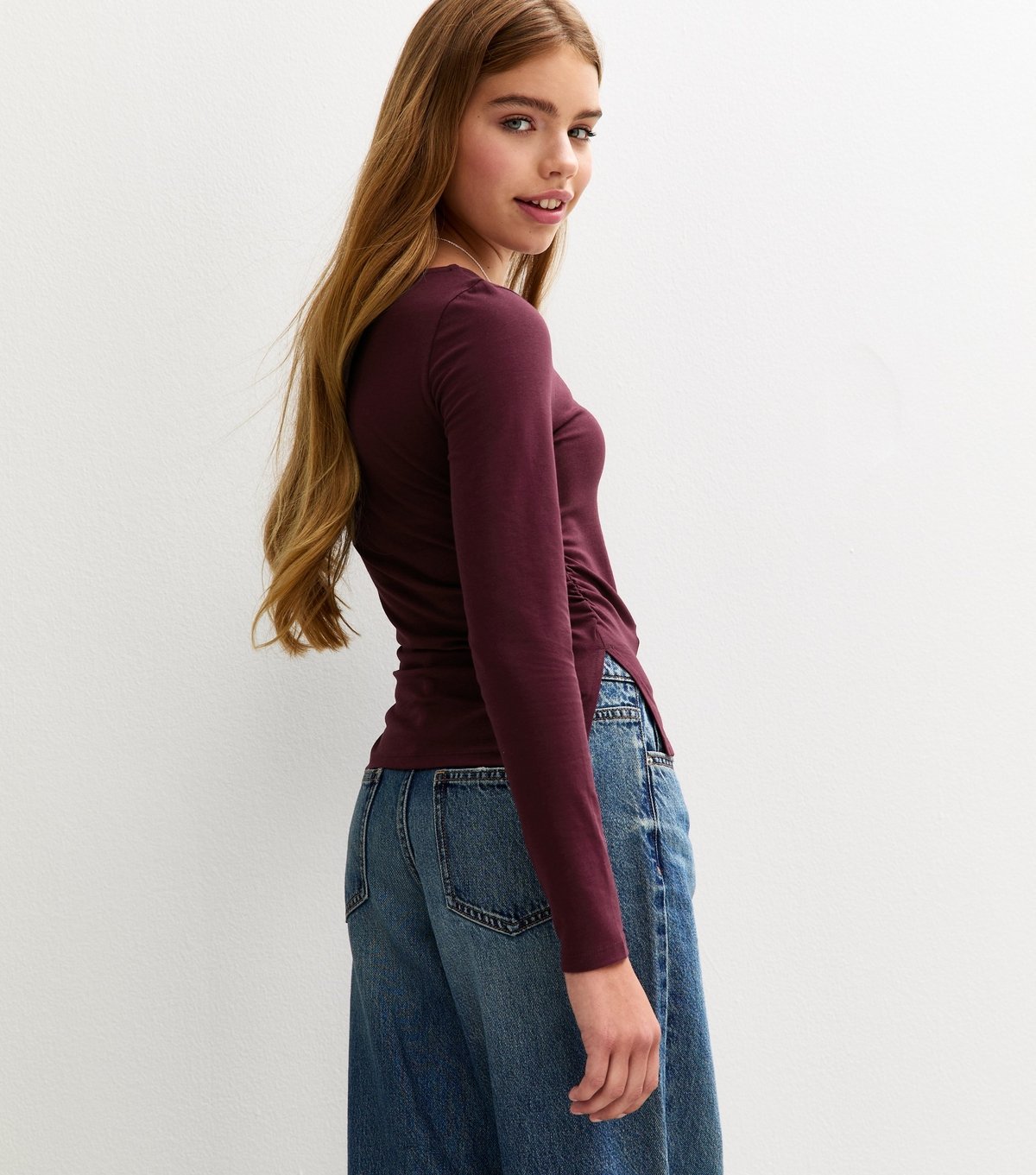 New Look Girls' Dark Burgundy Long Sleeve Ruched Side Slit Top New Look - 4