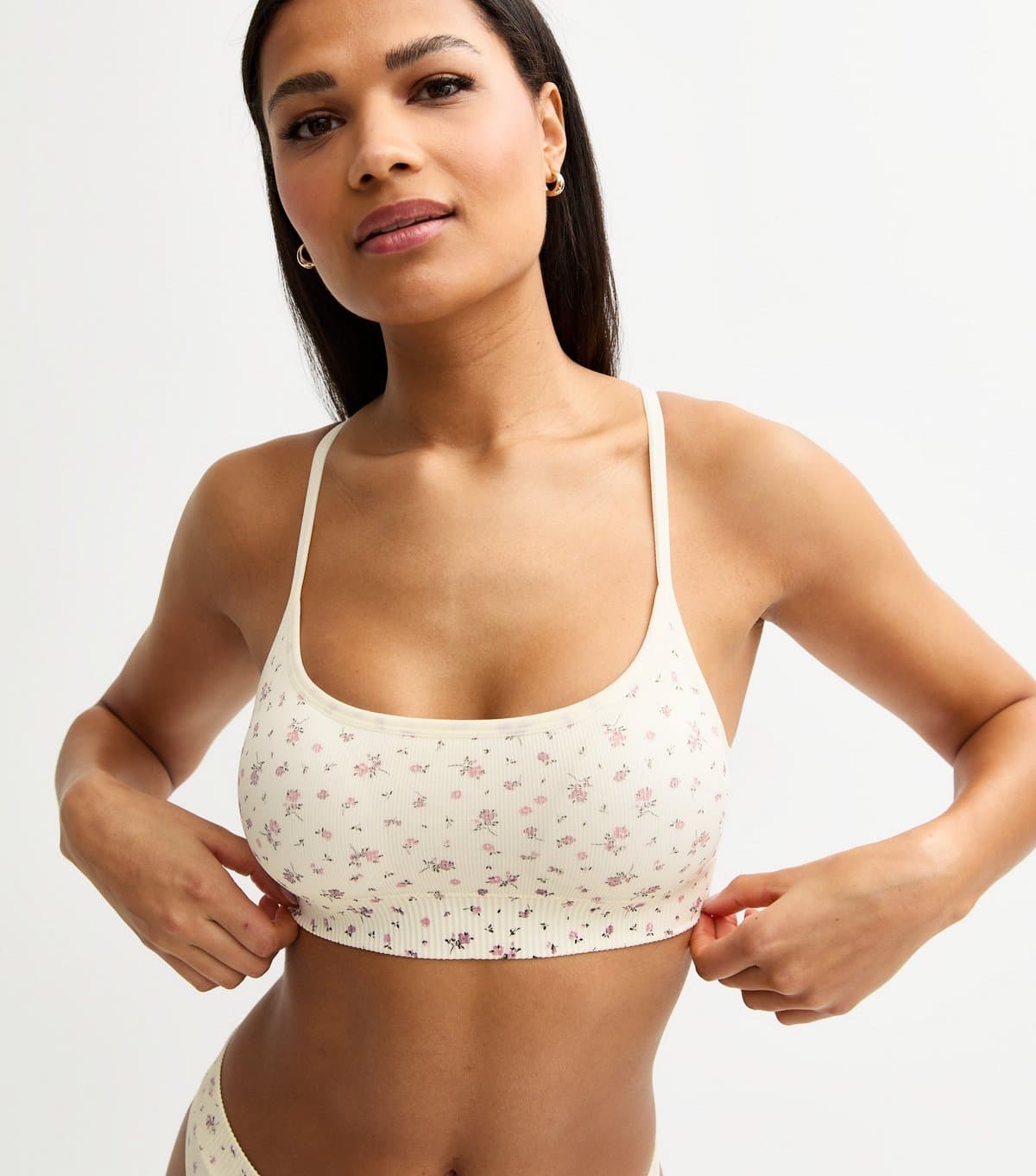 New Look Women's Cream Floral Print Seamless Bralette New Look