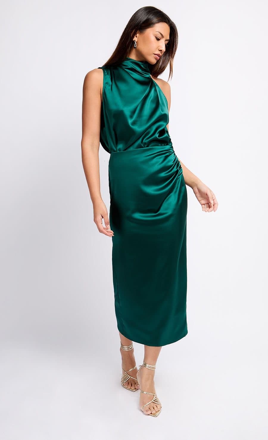 Little Mistress Little Mistress Women's Green Satin Drape Midaxi Skirt in Dark Green