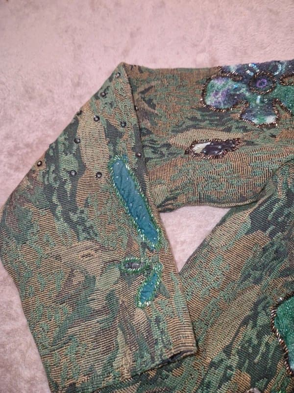 Indigo Moon Size large indigo moon green tapestry jacket applique beaded embellished boho arty