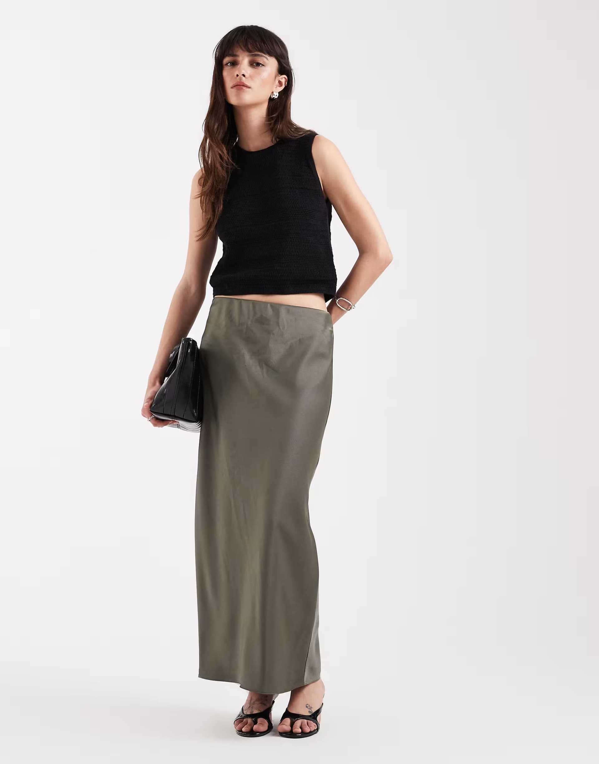 ASOS River Island satin maxi skirt in khaki