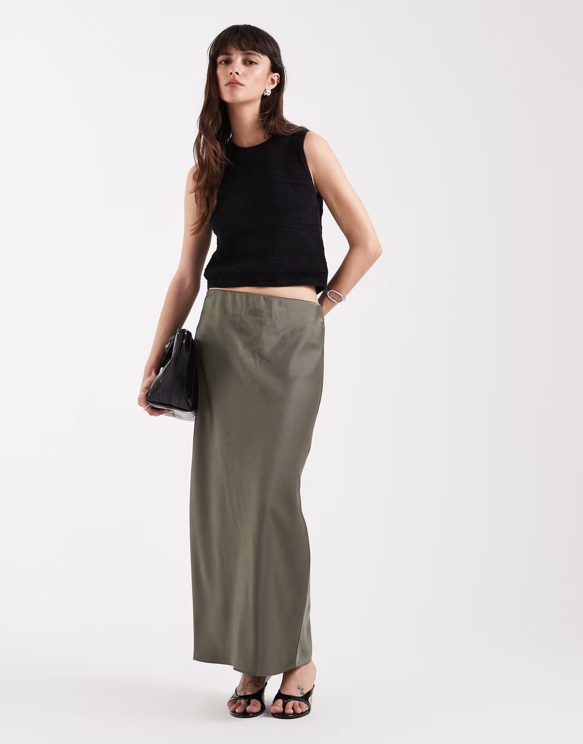 ASOS River Island satin maxi skirt in khaki - 1