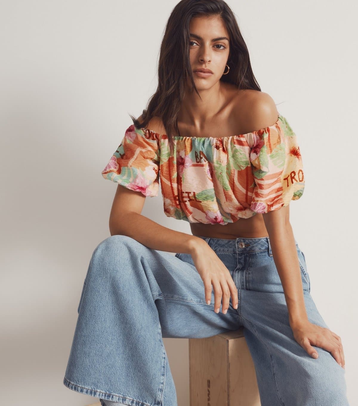 New Look Women's Orange Tropical Print Off Shoulder Textured Cropped Top New Look